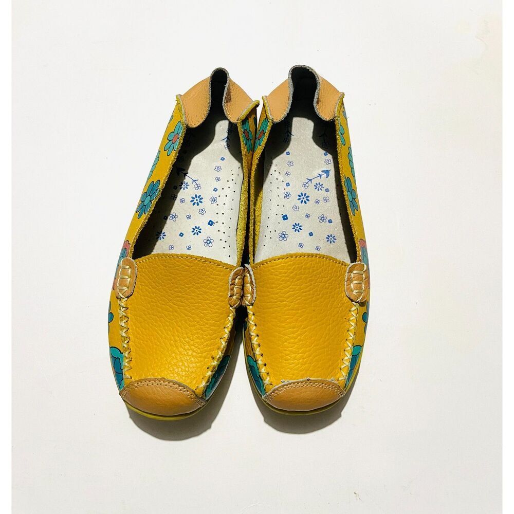 Ablanczoom loafers leather floral yellow moccasin comfy women's 7 - Picture 3 of 8